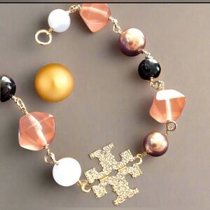 Authentic Tory Burch Rose Gold Crystal T Logo Resin Bracelet Rose Gold Hexagon